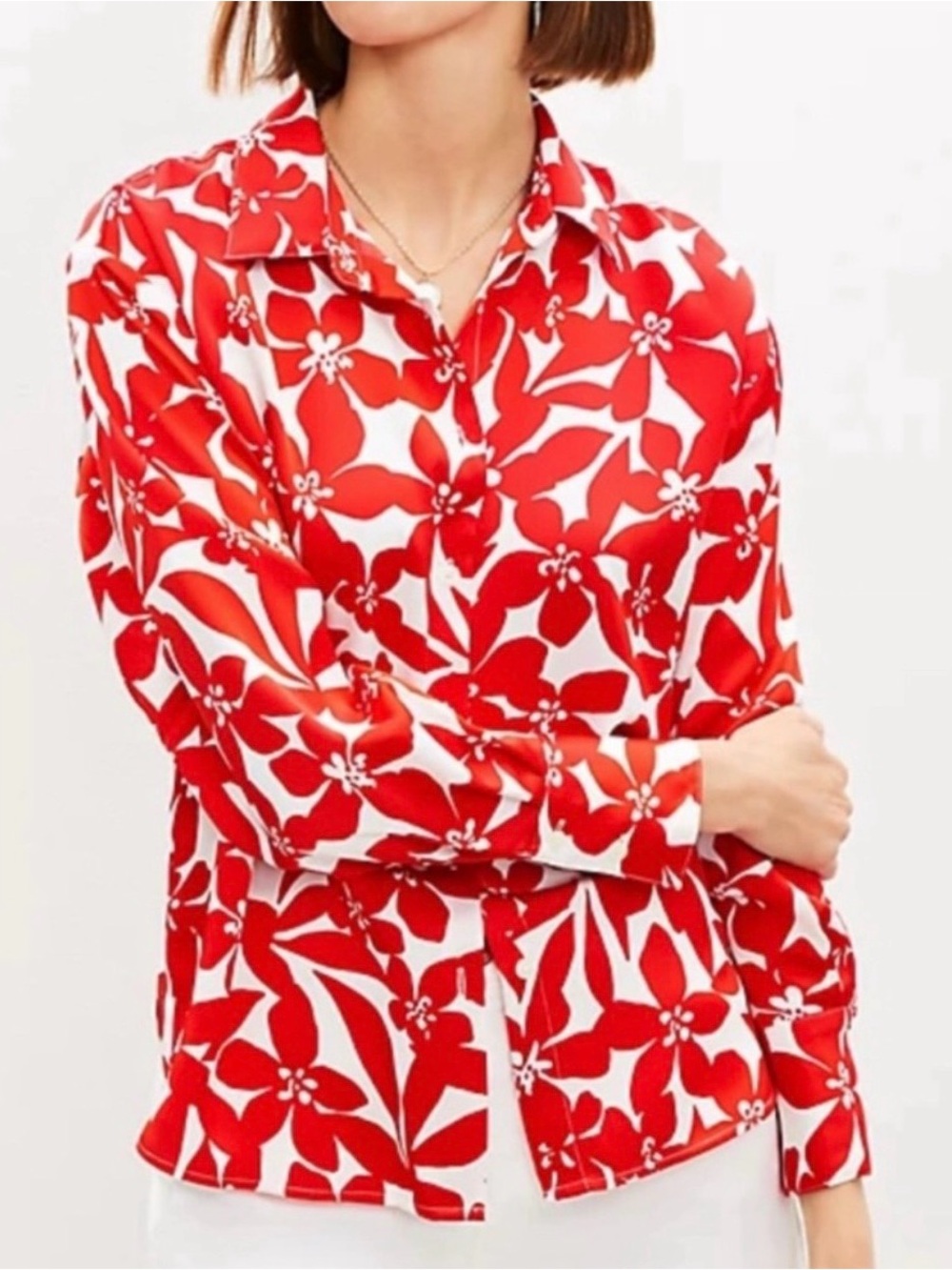 LOFT Tangerine and White Floral Button-Front Top, size Medium